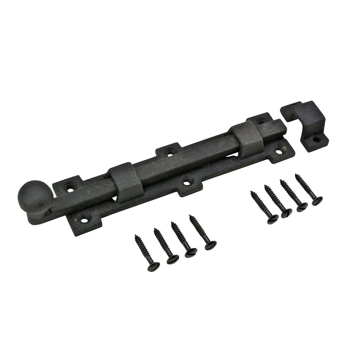 Renovators Supply Manufacturing Offset Slide Bolt Latch 8 3/4 in. Black Wrought Iron Ball Tip Styled Slide Bolt with Mounting Hardware Pack of 4