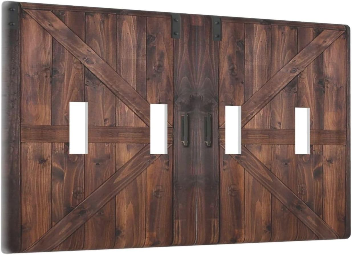 Decorative Light Switch Cover Plate Vintage Brown Farmhouse Barn Door 4 Gang Wall Plates for Electrical Outlets Quad Toggle Switch Plate Covers Outlet Covers Faceplate for Bedroom Home Decor