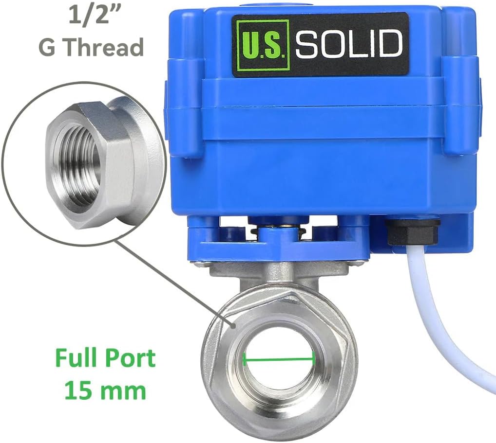 U.S. Solid Motorized Ball Valve- 1/2" Stainless Steel Ball Valve with Full Port, 9-24V AC/DC and 2 Wire Auto Return Setup
