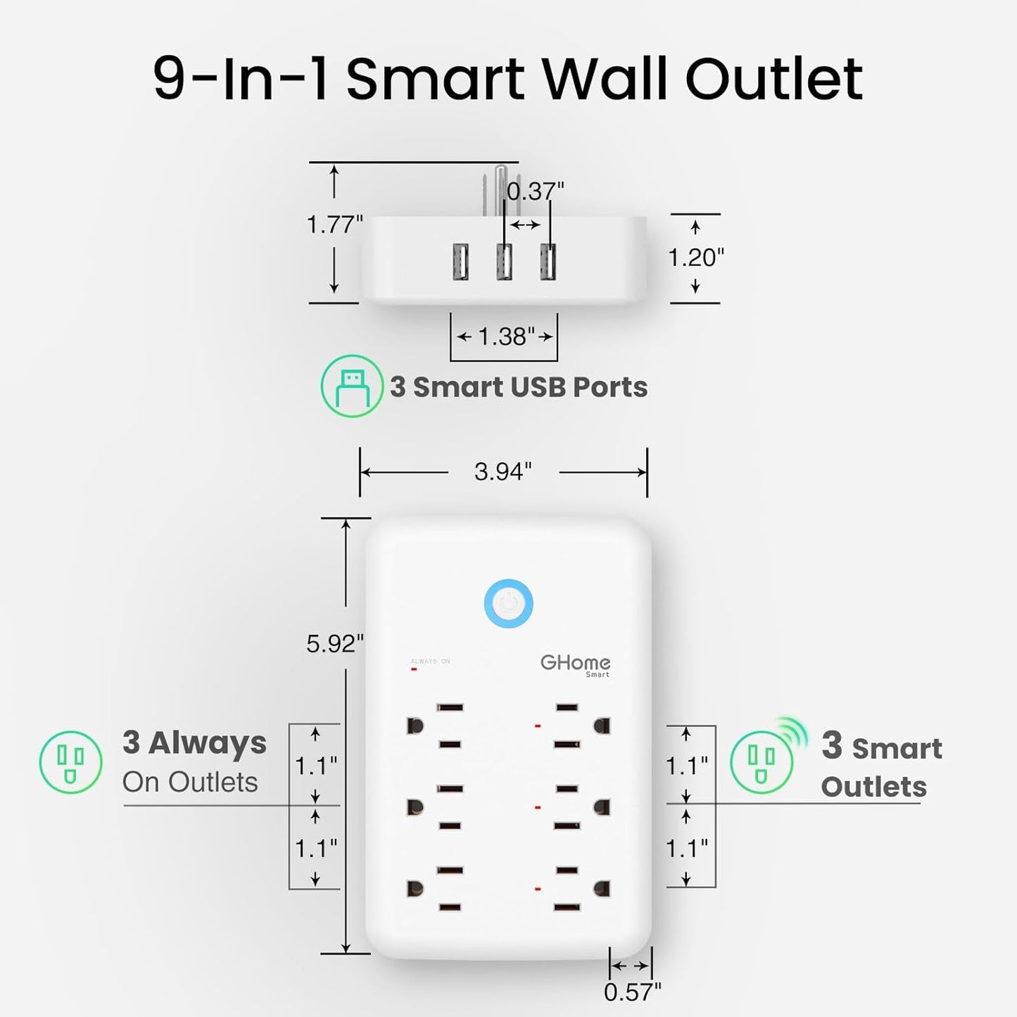 GHome Smart Plug Outlet Extender, USB Wall Charger with 3 Individual Smart Outlets and 3 Smart USB Ports, Works with Alexa Google Home, Surge Protector Plug Extender for APP Control,15A/1800W