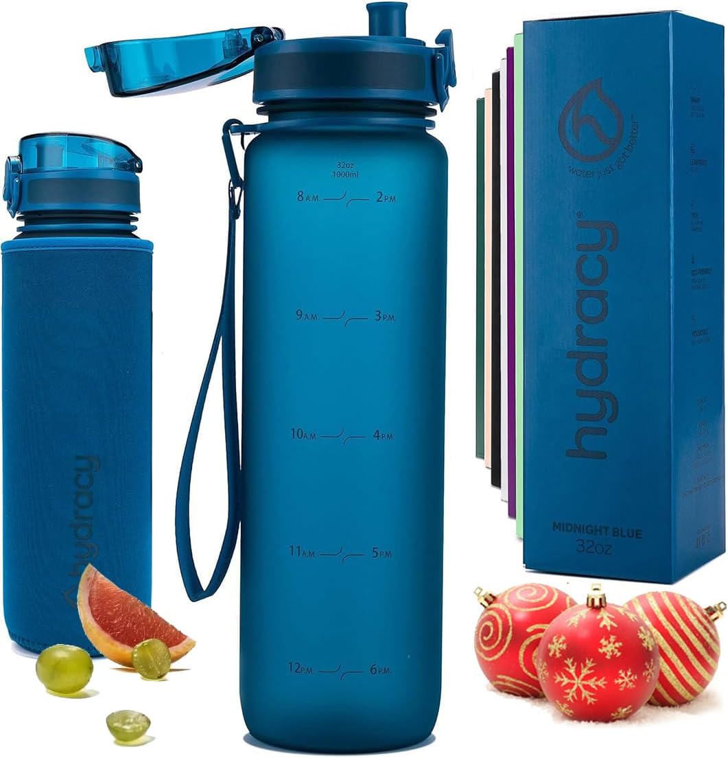 Hydracy Water Bottle with Time Marker -Large BPA Free Water Bottle & No Sweat Sleeve -Leak Proof Gym Bottle with Fruit Infuser Strainer & Times to Drink -Ideal for Fitness Sports & Outdoors