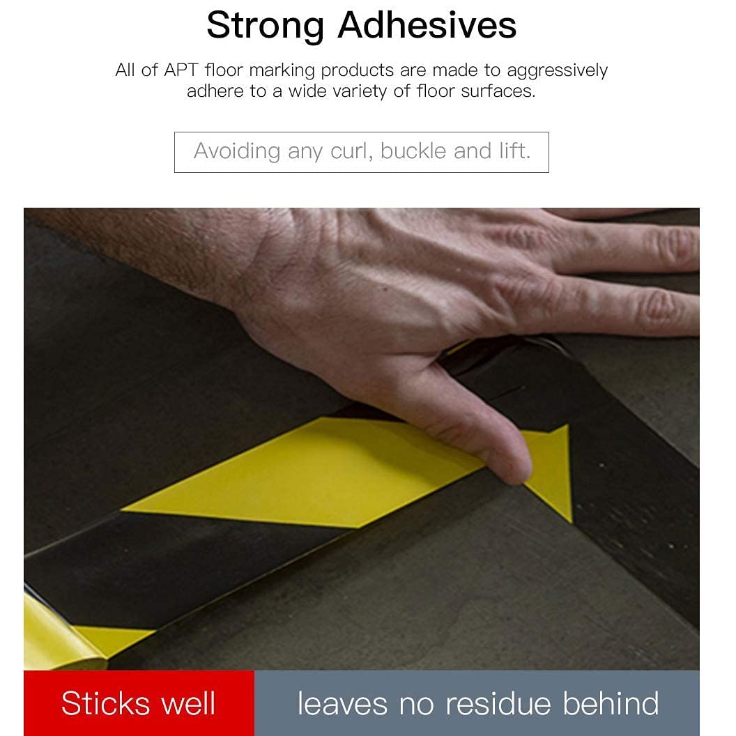 APT Premium Black and Yellow Striped Vinyl Floor Safety Marking Tape, Excellent for Hazard Caution& Warning, Social Distancing, Warehouse & Gym Floor (2 Inch, Yellow/Black)