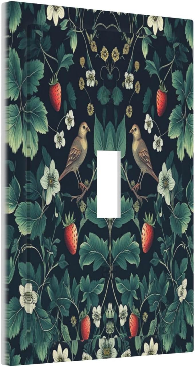 Decorative Light Switch Cover Strawberry Birds Flowers Plant Morris Floral 1 Gang Single Toggle Device Electrical Faceplate Switchplates Decorator Outlet Wall Plate for Bedroom Farmhouse