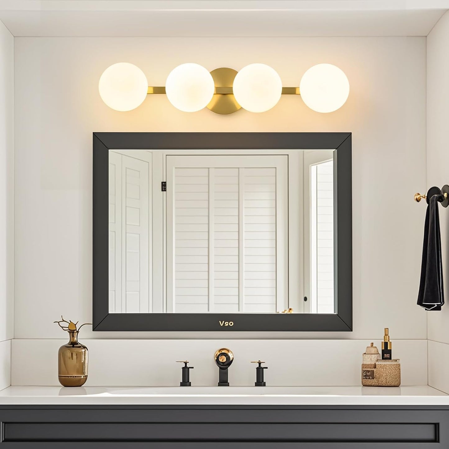 Bathroom Vanity Mirror Light Fixtures: 4 Lights Bath Wall Sconce Lighting - Brass Gold Vanity Lights with Milk Glass Shade - Modern Minimalist Makeup Light Fixture Above Mirror for Hallway E26 Base