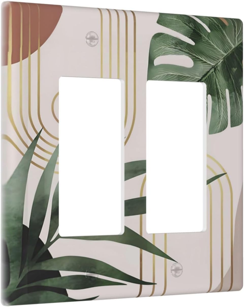Decorative Outlet Covers Boho Mid Century Arch Green Leaves 2 Gang Light Switch Cover Plate Double Rocker Wall Plate Switch Plate Covers Faceplate for Bedroom Home Decor（ 2 Pack）