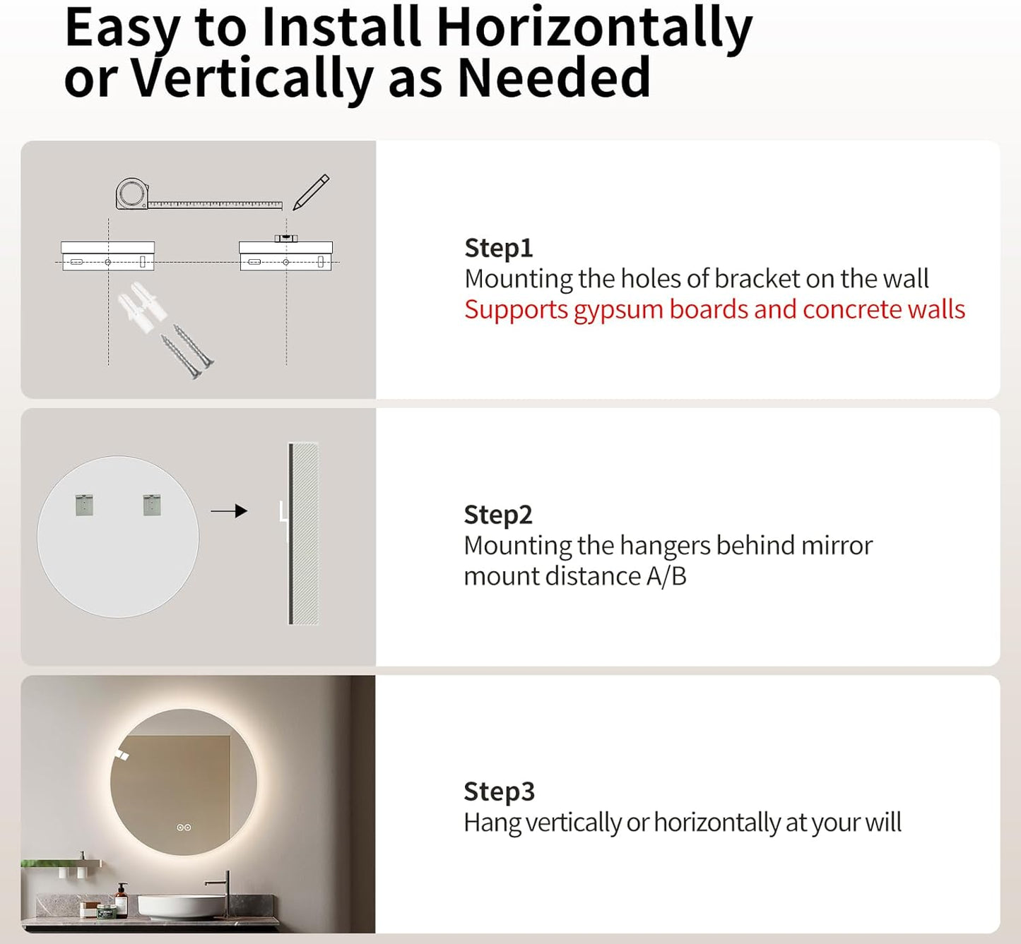 Round LED Bathroom Mirror with Light, Backlit Mirror for Bathroom, Frameless LED Smart Vanity Mirror with 3 Color Lights, Anti-Fog, Smart Touch Button, Shatter-Proof, IP65, 90+ CRI(28" L x 28" W)