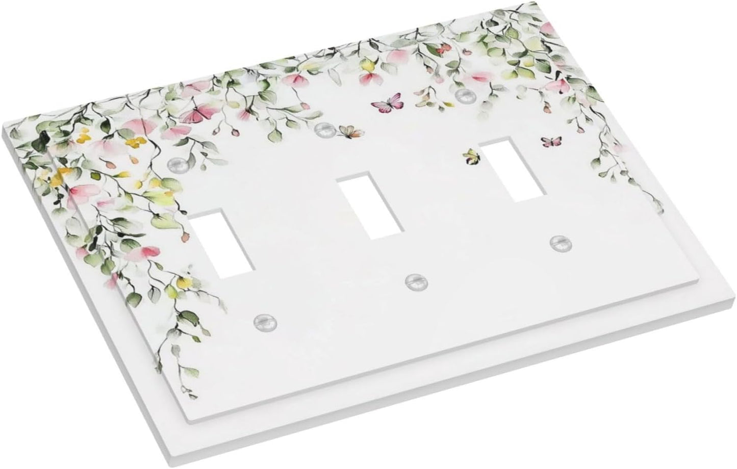 Watercolor Flowers Vine Colorful Butterfly Floral Decorative Switch Plates 3 Gang Wall Plate Triple Toggle Light Switch Cover Faceplate Electrical Wall Panels For Bed Room Living Room Decor