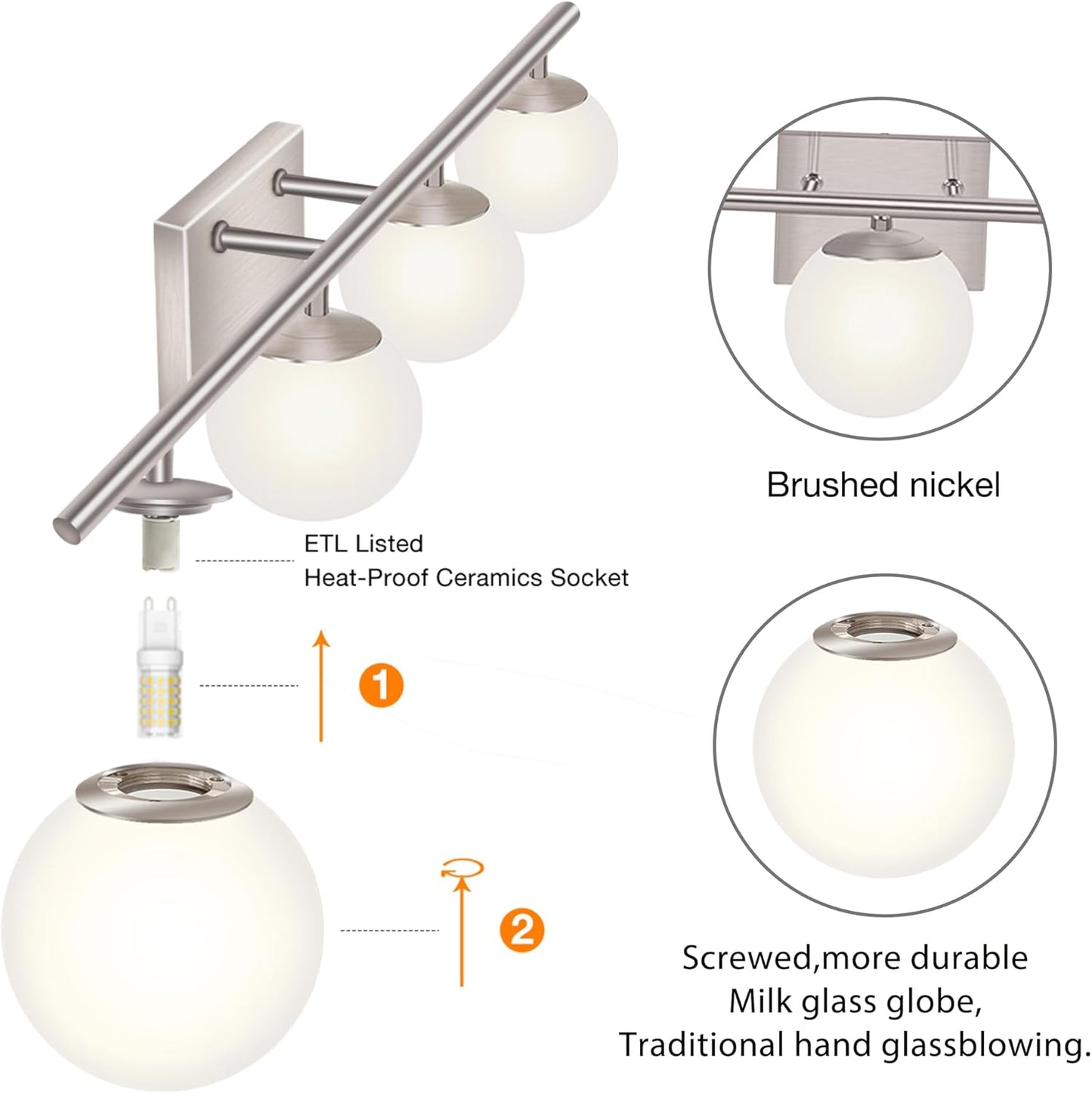 New Bathroom Vanity Light Fixtures 4 Lights Brushed Nickel Glass Shade Modern Wall Bar Sconce Over Mirror（(Exclude G9 Bulb)