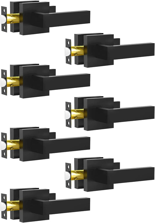 Passage Door Lever, 7 Pack Matte Black Interior Door Handles for Hallway and Closet, Heavy Duty Square Interior Keyless Door Handles Non-Locking Door Knobs for Right & Left Side Door