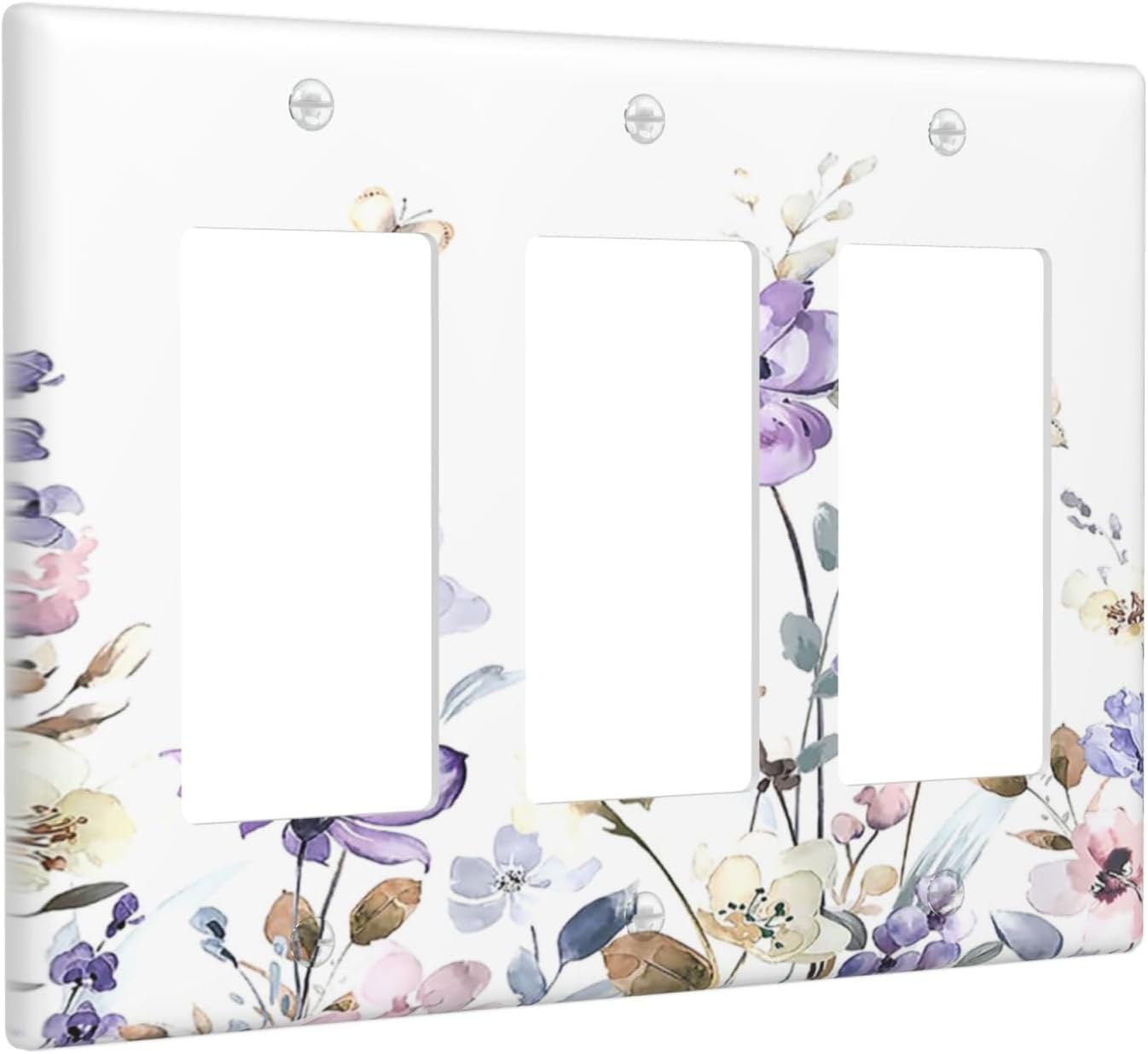 Light Switch Covers Purple Floral Lilac Watercolor Flower Leaves Butterfly Wildflower 3 Gang Rocker Electrical GFCI Decorative Triple Outlet Wall Plate Cover Switchplate for Bedroom Home