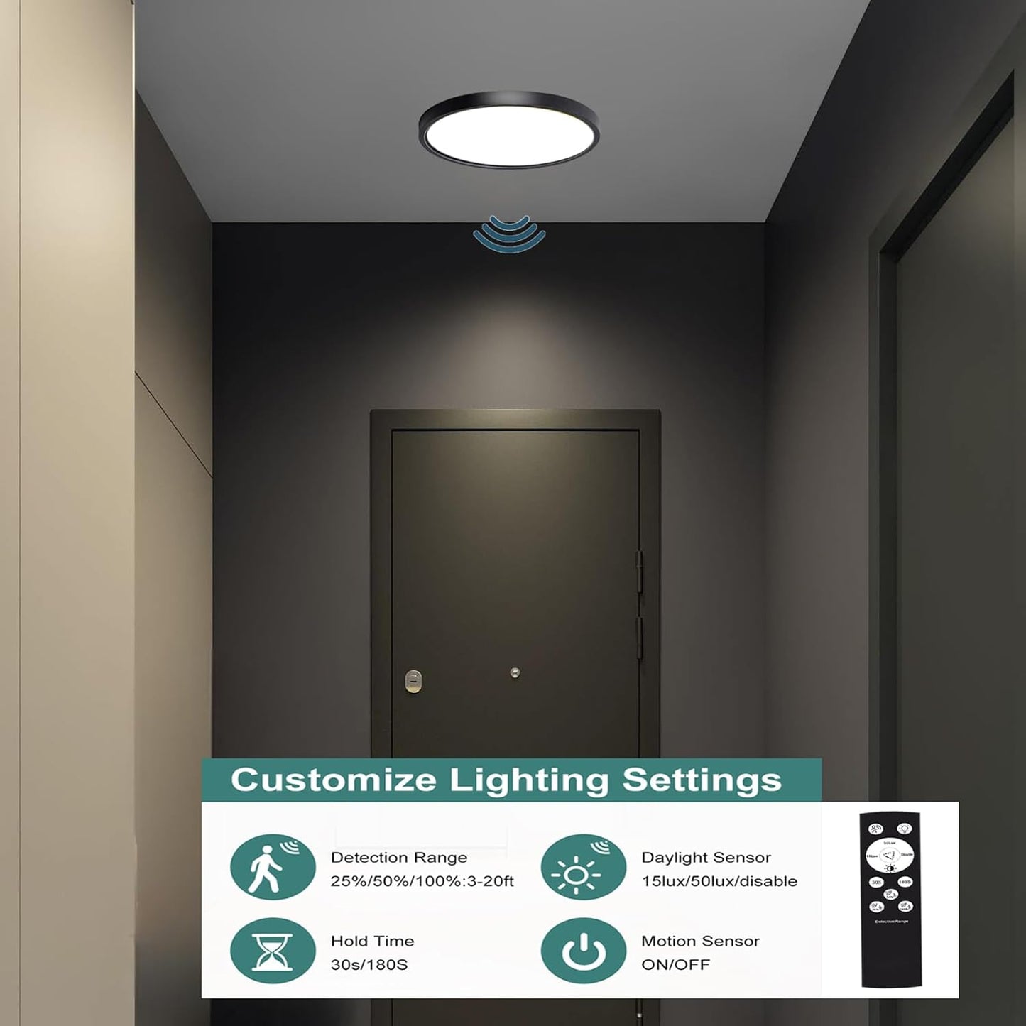7 Inch Motion Activated Closet Light, Flush Mount Light Fixture, Motion Sensor Ceiling Light Wired for Hallway Porch Laundry Garage Basement, 3000k/4000k/6000k Black