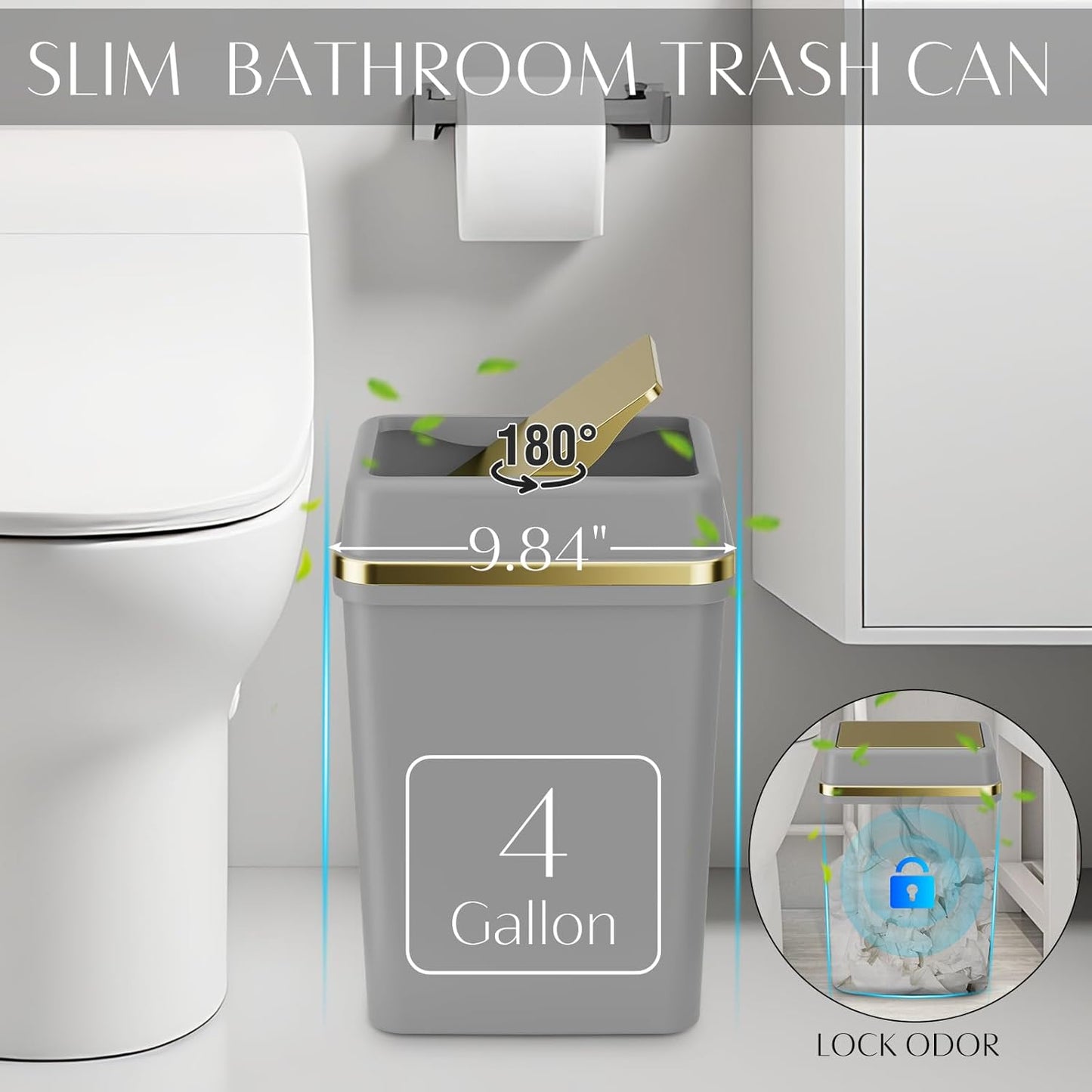 9PCS Bathroom Accessory Set, Grey Bathroom Set with Large-Capacity 4 Gallon Trash Can, Bathroom Accessories Set Complete, Toothbrush Holder, Soap Dispenser, Toilet Brush, Bathroom Decor