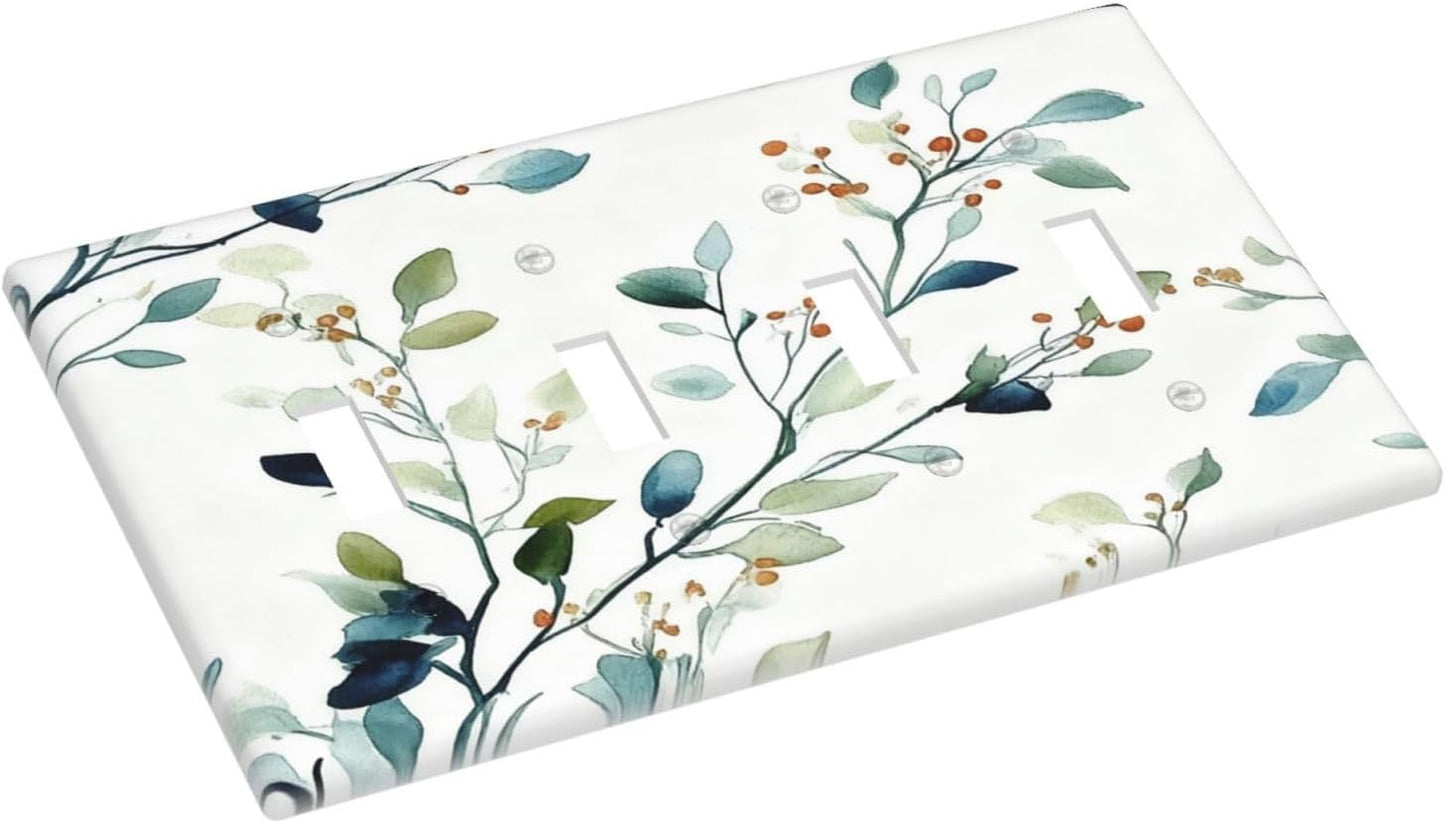 Decorative Light Switch Cover Plate Eucalyptus Leaf Geen Sage Leaves 4 Gang Wall Plates for Electrical Outlets Quad Toggle Switch Plate Covers Outlet Covers Faceplate for Bedroom Home Decor