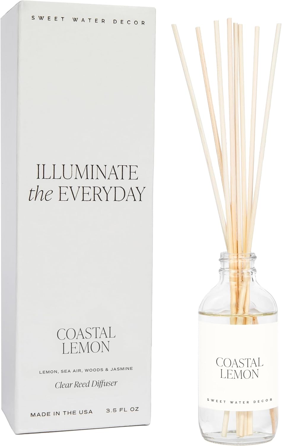 Sweet Water Decor Coastal Lemon Clear Reed Diffuser – Room Decor Aesthetic with Long-Lasting Premium Fragrance of Lemon, Sea Salt, Jasmine & Driftwood for 4 Months – Ideal for Home Décor