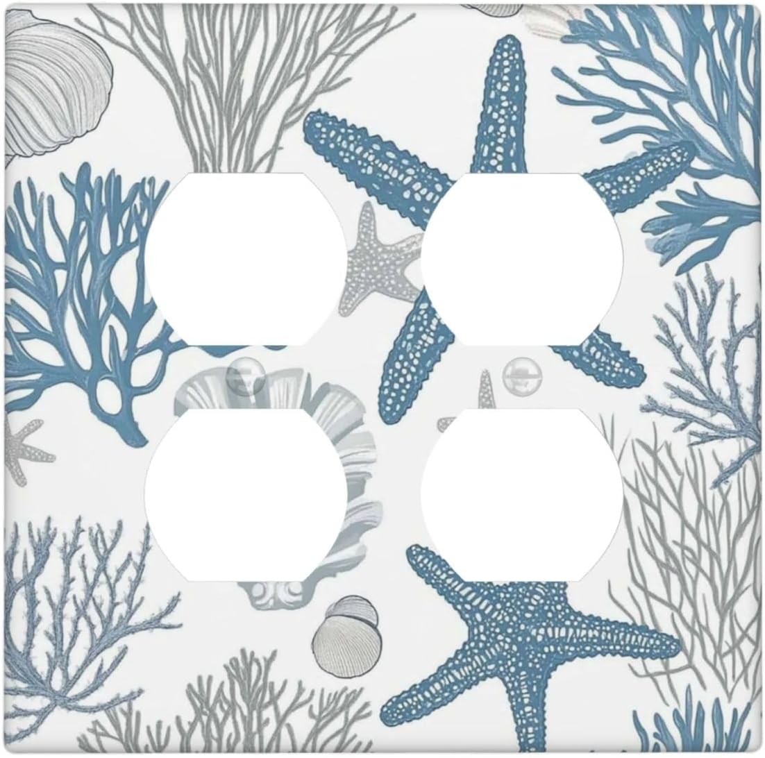 Blue Starfish Nautical Beach Conch Coastal Coral Shell Outlet Covers 2 Gang Double Duplex Decorative Light Switch Covers Electrical Wallplates Socket Faceplate For Kids Room Bathroom Decor
