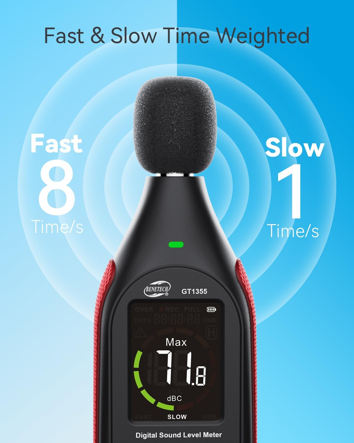 Decibel Meter, Sound & Noise Decibel Level Reader Monitor, SPL Meter 30dB to 130dB(A) with Record, Visual Alarm, A/C Weighted, Rechargeable for Home, Classroom