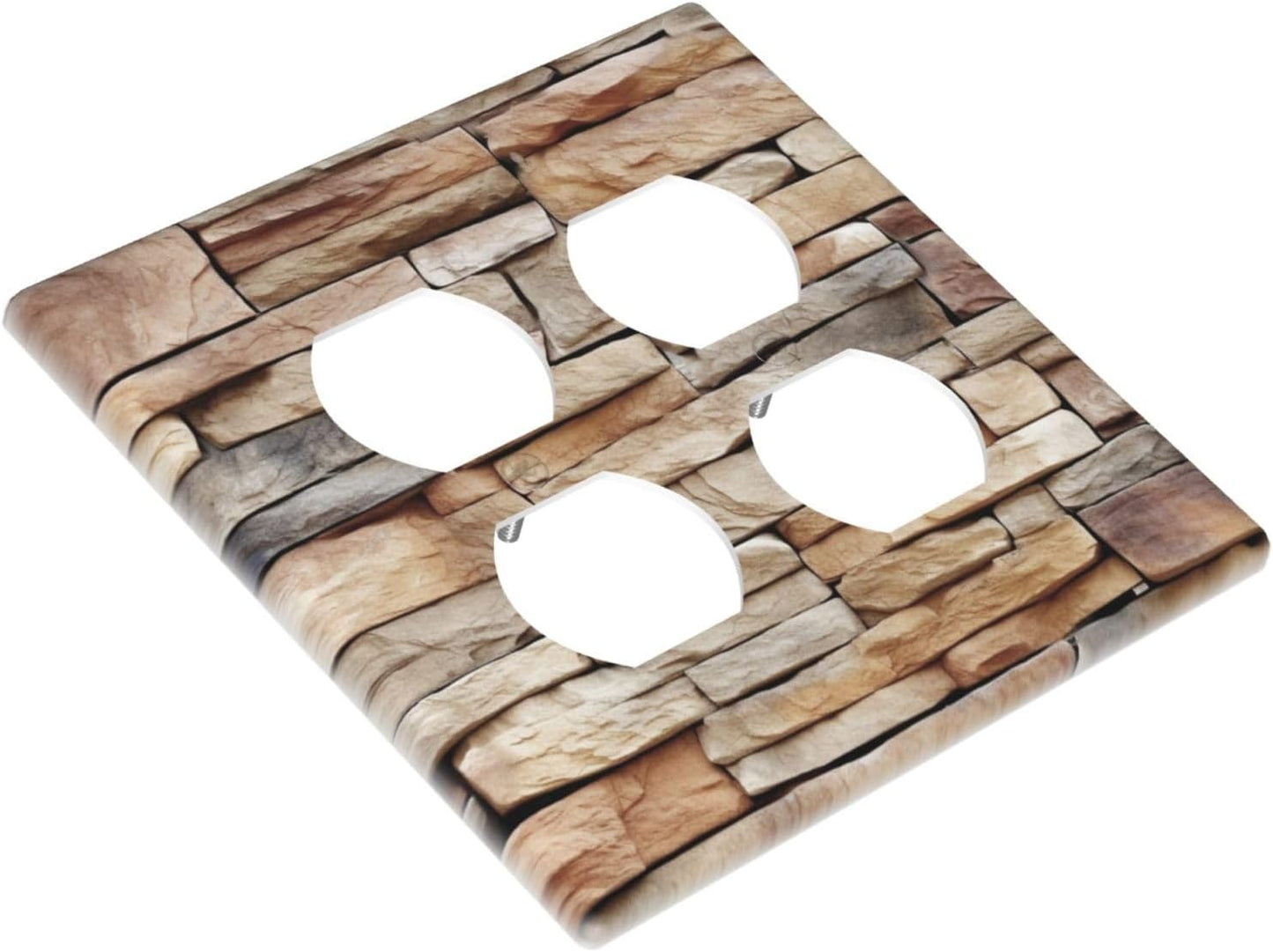 Outlet Covers Stone Textured Brown Brick Natural Stone 2 Gang Double Duplex Decorative Light Switch Covers Electrical Wallplates Socket Faceplate For Farmhouse Cabin Decor