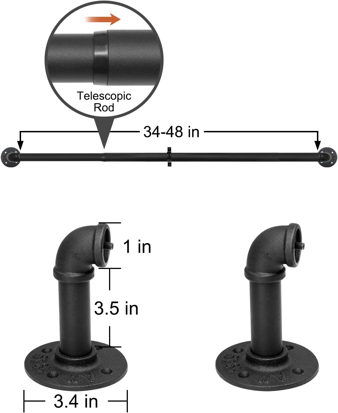 Refrze 2 Pack Curtain Rods for Windows 34 to 48 Inch, Industrial Curtain Rods Wrap Around, Heavy Duty for Bedroom & Outdoor, 34-48", "Black Curtain rod
