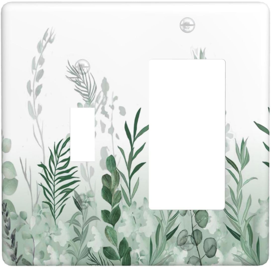 Watercolor Green Leaf Rustic Plant Eucalyptus Flowers Outlet Covers 1 Toggle 1 Rocker Combination Decorative Wall Plate Electrical Switch Plates Light Switch Cover Plate for Bed Room Living Room Decor