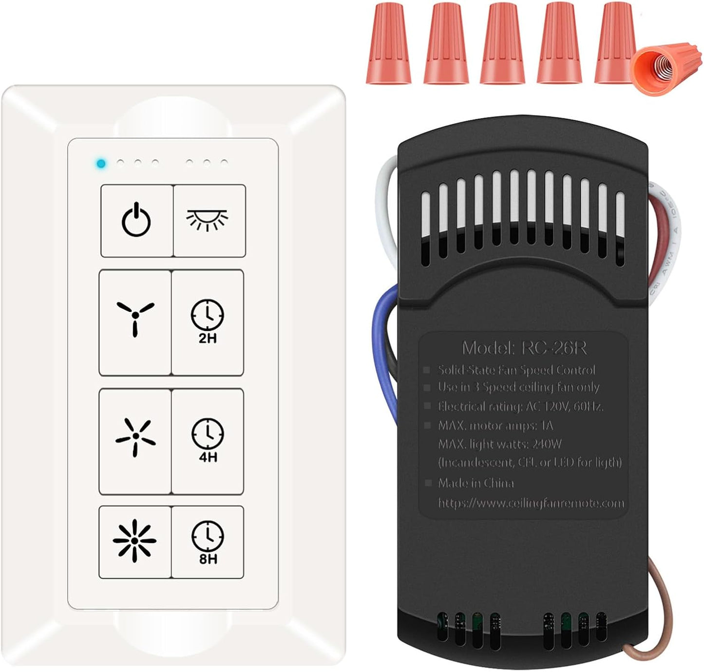 Universal Ceiling Fan Remote Control Kit, Ceiling Fan Wall Switch for 3 Speed and Light Dimmer, Compatible with Hampton Bay Harbor Breeze Hunter, 2-8H Timmer