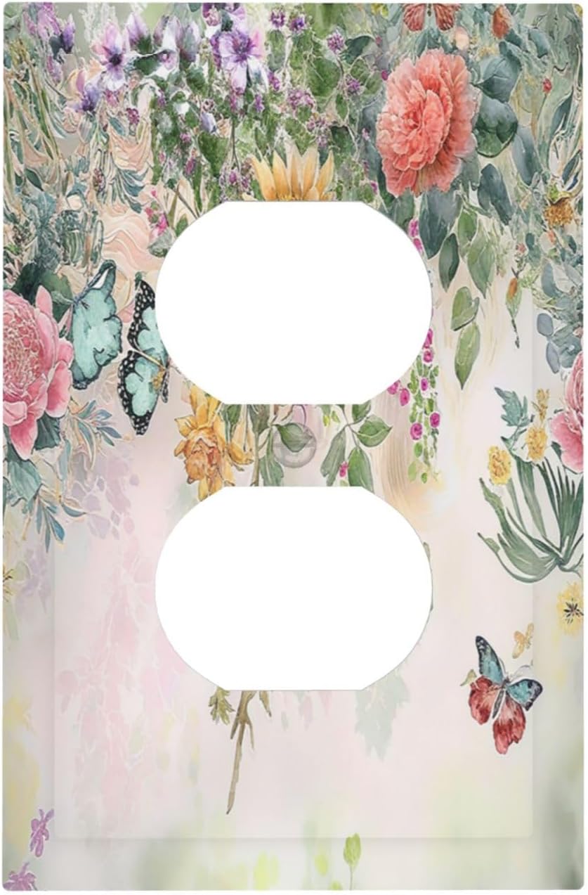 Rustic Floral Watercolor Flower Blossom Butterfly 1 Gang Duplex Receptacle Switch Wall Plate Decorative Switchplate Outlet Covers Electrical Plug Cover Faceplate for Bathroom Home Decor 5 X 3 IN