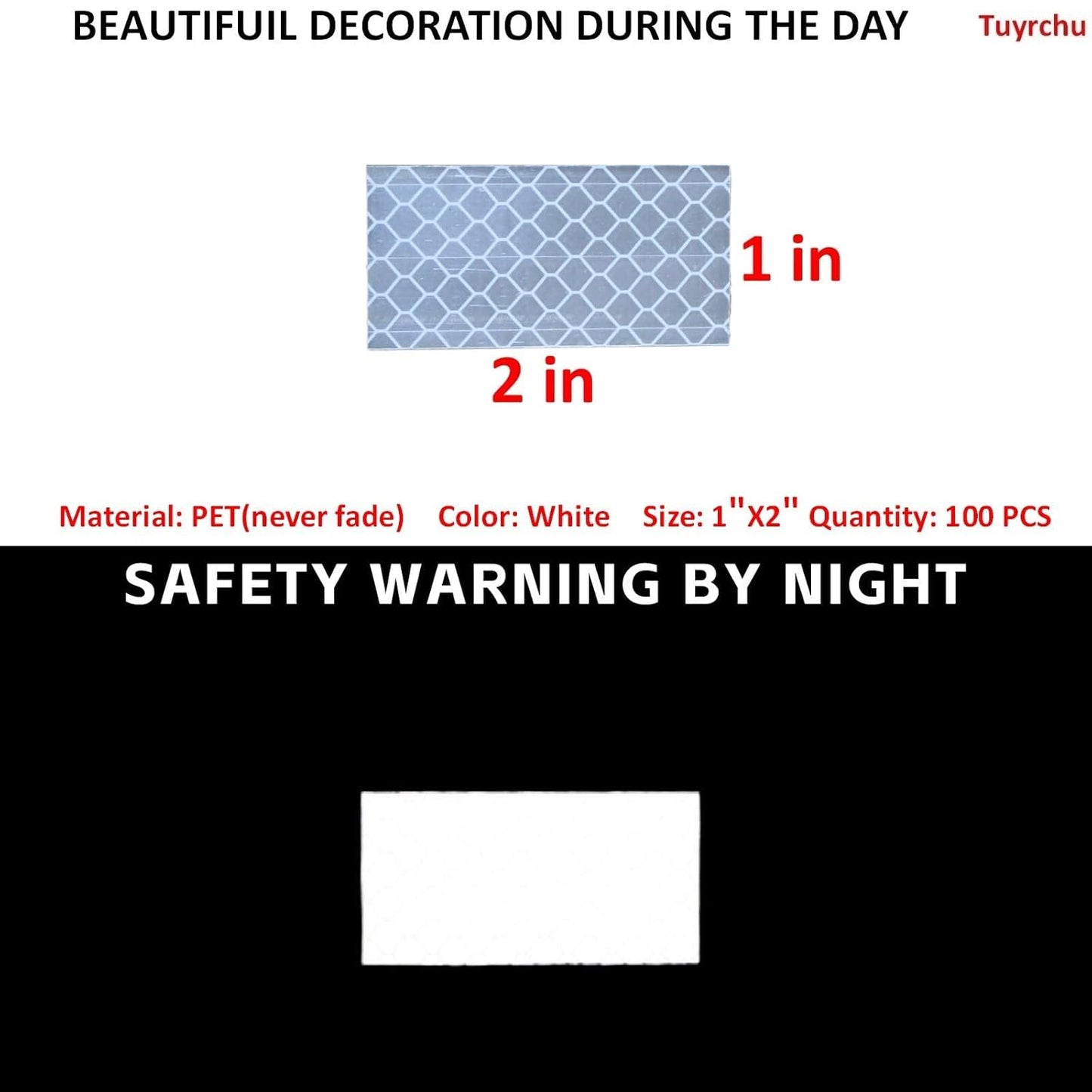 Non Fading White Reflective Stickers 1 inch X 2 inch, Outdoor Waterproof High Visibility Warning Safety Adhesive Reflector Tape (100 Pcs)