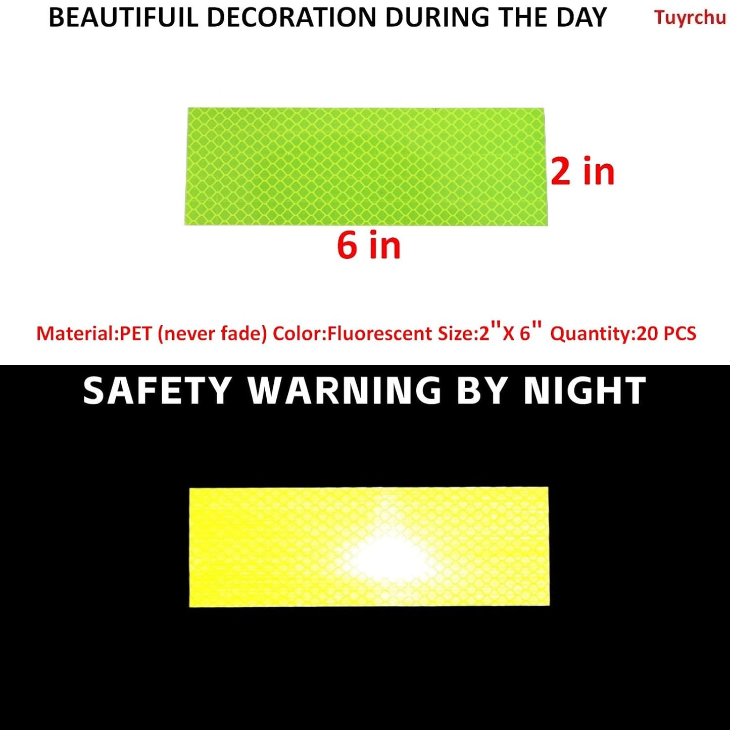 Non Fading Fluorescent Yellow Reflective Stickers 2 inch X 6 inch, Outdoor Waterproof High Visibility Safety Adhesive Reflector (20 Pcs)