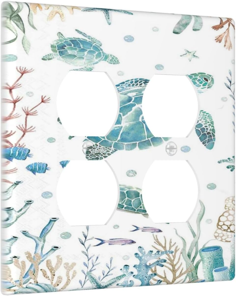 Sea Turtle Ocean Starfish Fish Coral Pearl Outlet Covers 2 Gang Double Duplex Decorative Light Switch Covers Electrical Wallplates Socket Faceplate for Bathroom Kids Room Decor