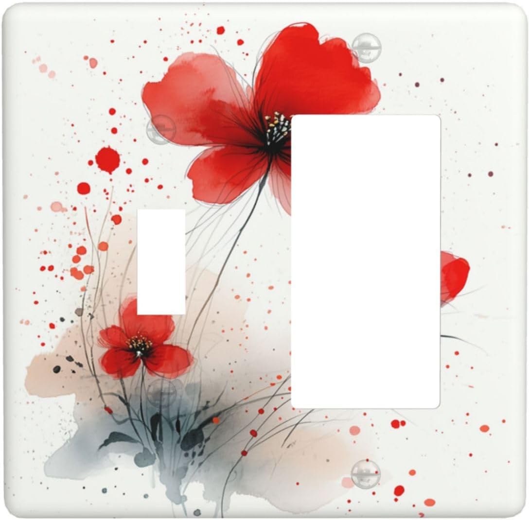 Vintage Watercolor Red Flowers Floral Outlet Covers 1 Toggle 1 Rocker Combination Light Switch Cover Plate Decorative Wall Plate Electrical Switch Plates for Bedroom Bathroom Decor