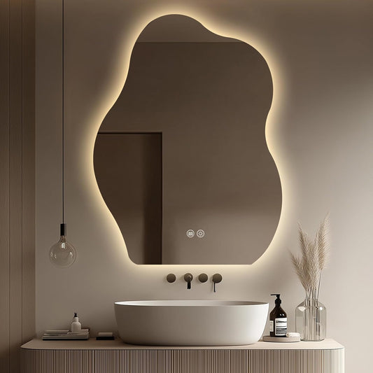 LED Bathroom Mirror with Lights 24x32, Stepless Dimmable Irregular LED Mirror with 3 Colors, Anti-Fog, Memory, Al-Alloy Lampshade, Frameless Makeup Mirror for Bathroom (Vertical Only)