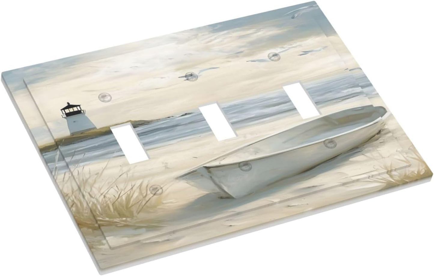 Decorative Light Switch Plate Covers Seascape Painting with Lighthouse Boats 3 Gang Artistic Wall Plate Unique Triple Toggle Light Switch Covers for Bedroom Home Decor