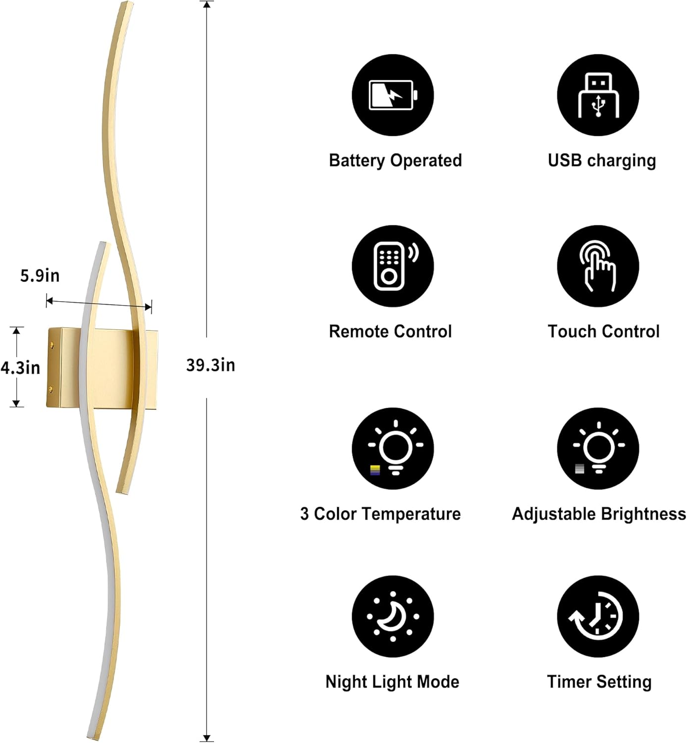 Battery Operated Wall Sconces Set of Two with Remote Control, Dimmable/3 Colors/Night-Light/Timer/Memory, Gold Modern Wireless LED Sconce for Living Room, Hallway, Bedroom, 39.3 Inch (2 Pack)