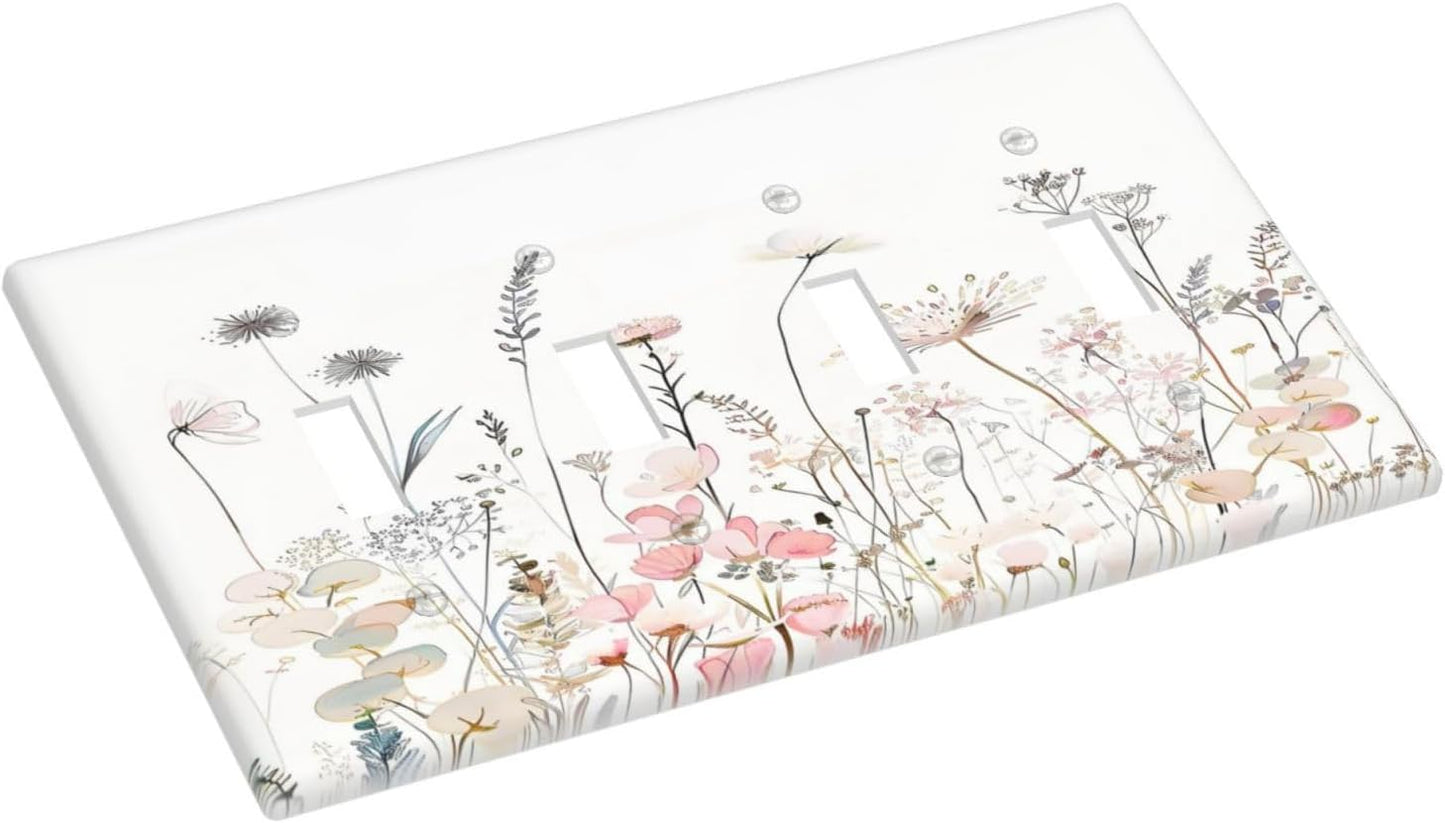 Floral Watercolor Wildflower Dandelion Plant Light Switch Covers Quad Toggle Electrical Faceplate 4 Gang Wall Plate Decorative Switch Plates for Farmhouse Bed Room Decor