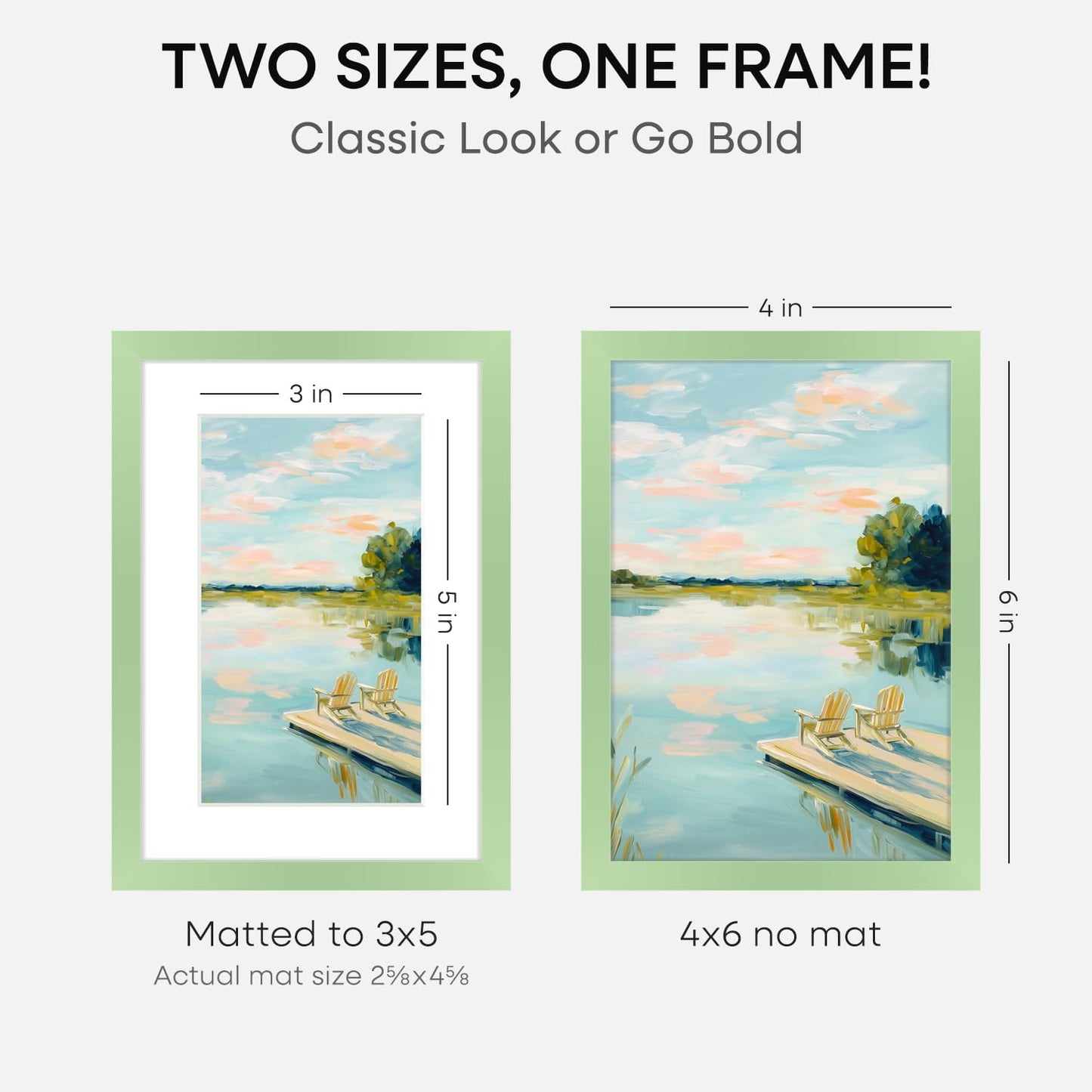 Homeforia Sage Green 4x6 Picture Frame, High End Metal 4 x 6 Frames with Mat 3 x 5 for Print, 4by6 Desk Frame Matted to 3x5 in Photo, 4 by 6 Wall or Tabletop Frames, Tempered Glass, Wall Kit, Set of 2