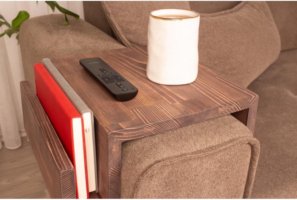Wooden Couch Arm Tray – Sofa Armrest Table with Book & Magazine Holder, Perfect for Coffee & Remote Control, Solid Wood (London)