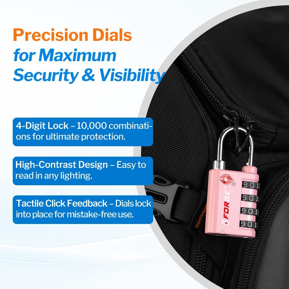 Forge Dual-Opening: Key or Combination Lock, TSA Approved Lock for Luggage, Pelican case, Travel, Gym, School, Luggage Combination Lock, Travel Bag Lock (Pink 2 Pk)