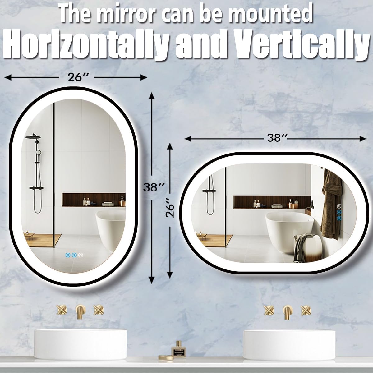 38 x 26 Inch Black Oval LED Mirror for Bathroom Salon Wall Horizontal/Vertical Mounted 38 Inch Black Frame Oval Lighted Mirror with Lights Smart Memory 3 Color Dimmable Front Lights Antifog