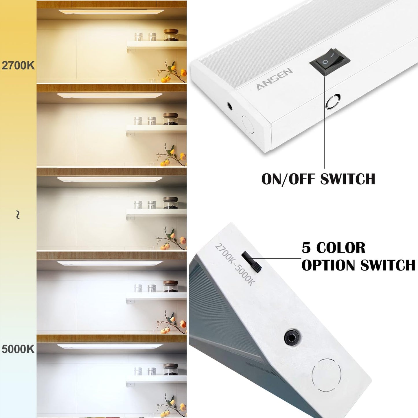 Ansen 24inch 18w 1237lm Hardwired Under Cabinet Lights, 5CCT 2700K-5000K, CRI 92+, R9 90+, UGR Lower Than 16, LED Dimmable Under Counter Lighting for Kitchen