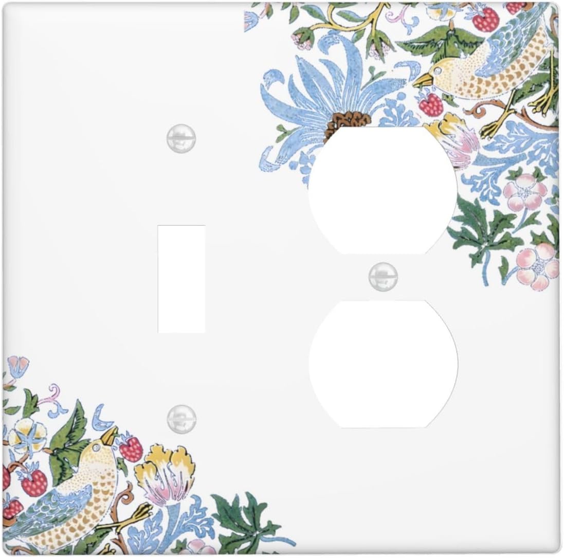 Decorative Outlet Covers Retro Morris Strawberry Rustic Plant Bird 2 Gang Wall Plate Cover Single Toggle Duplex Combo Two Switch Light Switch Cover Plate Jumbo Faceplate