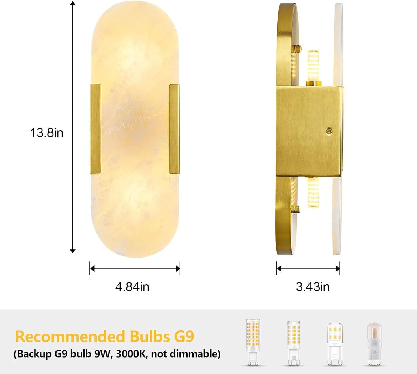 Brass Alabaster Wall Sconces Set of Two, Modern Natural Marble Wall Sconces for Indoor Lighting, 13.8 in Gold Wall Lights for Bathroom Dining Room Stairs Bedroom