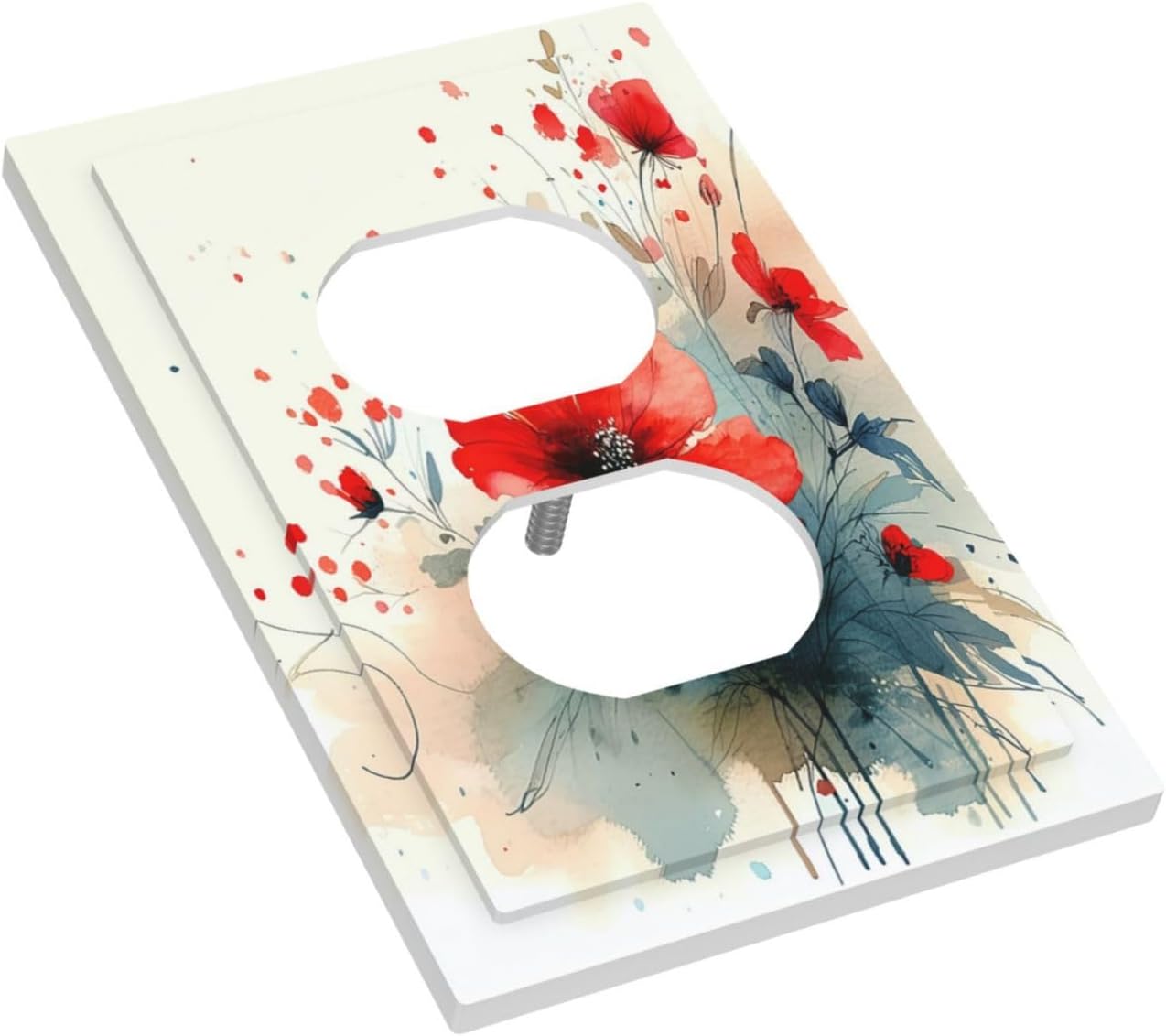 Vintage Floral Red Watercolor Modern Outlet Covers 1 Gang Duplex Light Switch Cover Wall Plate Decorative Switch Plates Electrical Receptacle Faceplate for Bedroom Bathroom Decor