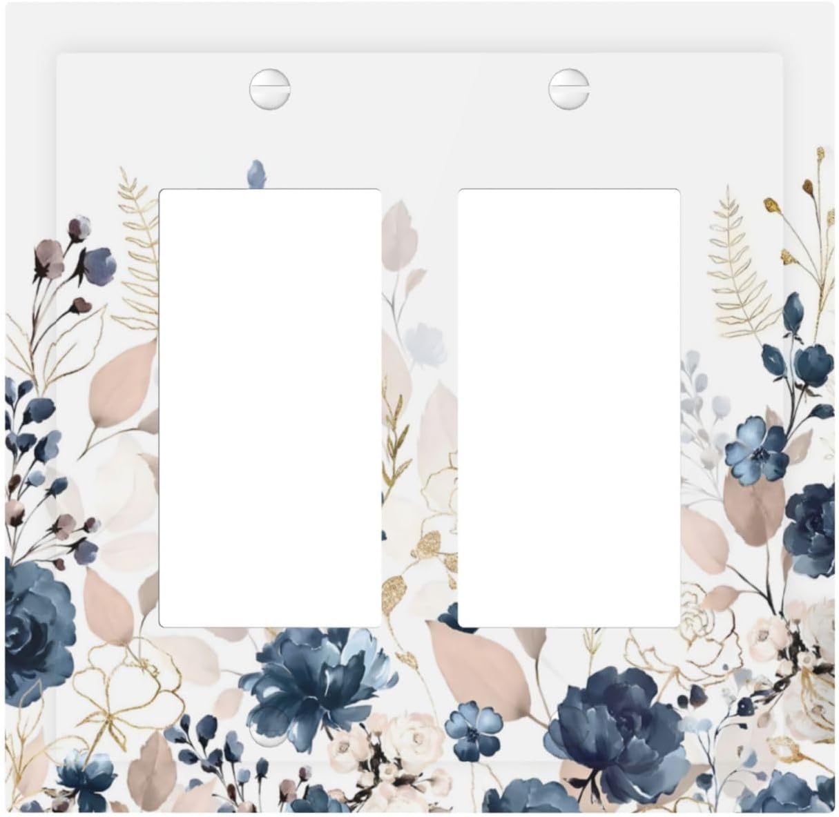 Blue Flora Boho Vintage Flower Golden Leaves Decorative Outlet Covers 2 Gang Double GFCI Rocker Electrical Wall Panels Light Switch Cover Plate for Bedroom Living Room Decor