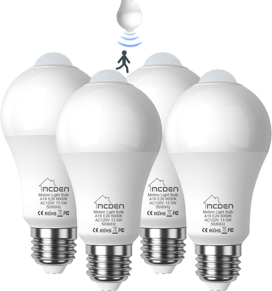 McDen Motion Sensor Light Bulb, Indoor Motion Activation Detector Light Bulb, E26 Base Dusk to Dawn Security Night Light 13.5W Equivalent 100W 6000K Daylight 4 Packs