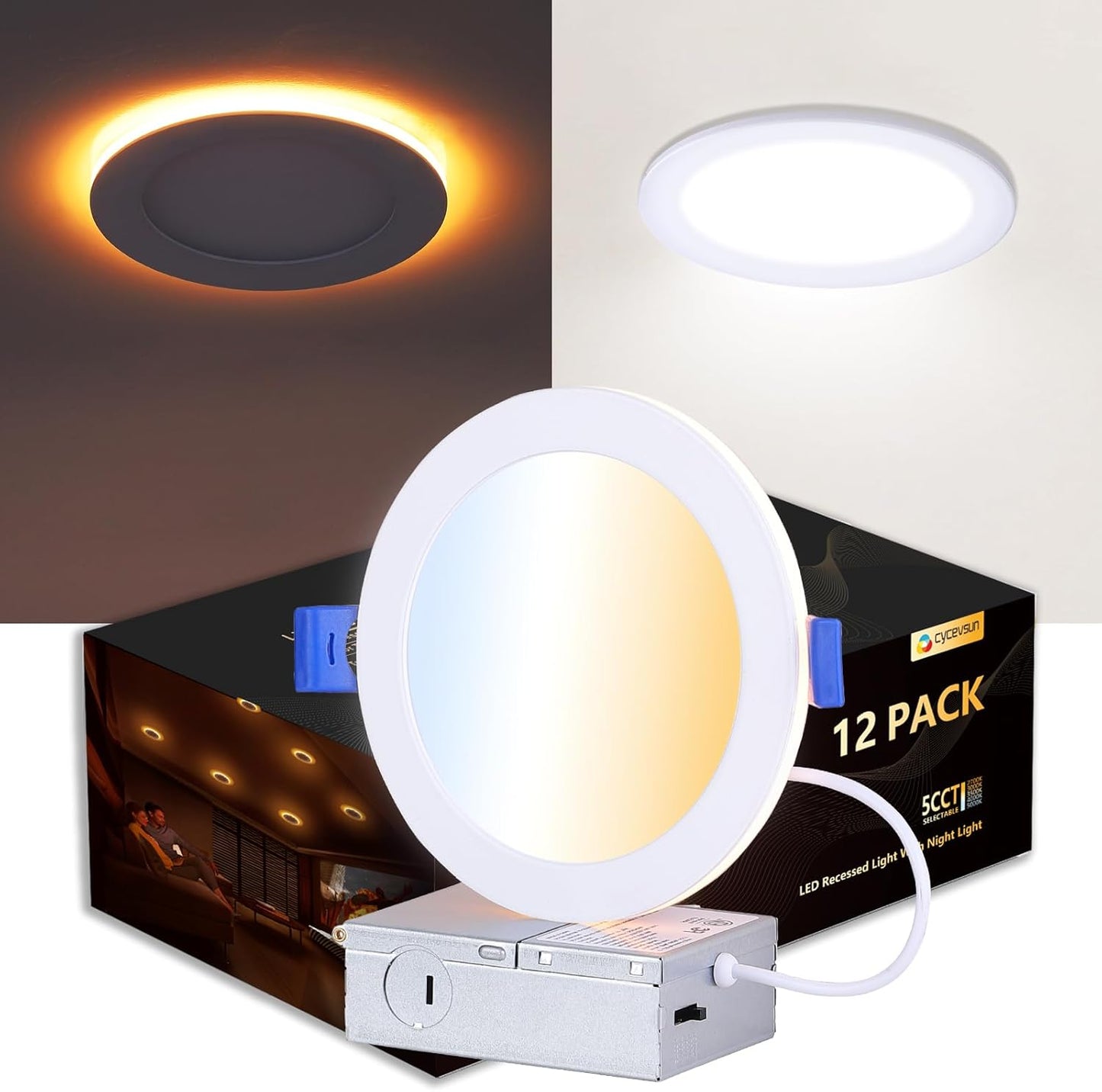 CycevSun 12 Pack 6 Inch LED Recessed Lighting with Night Light - Canless Ultra Thin Wafer Downlight Soffit Pot, Dimmable & 5 Color Temperature Selectable, 12W, ETL & Energy Star