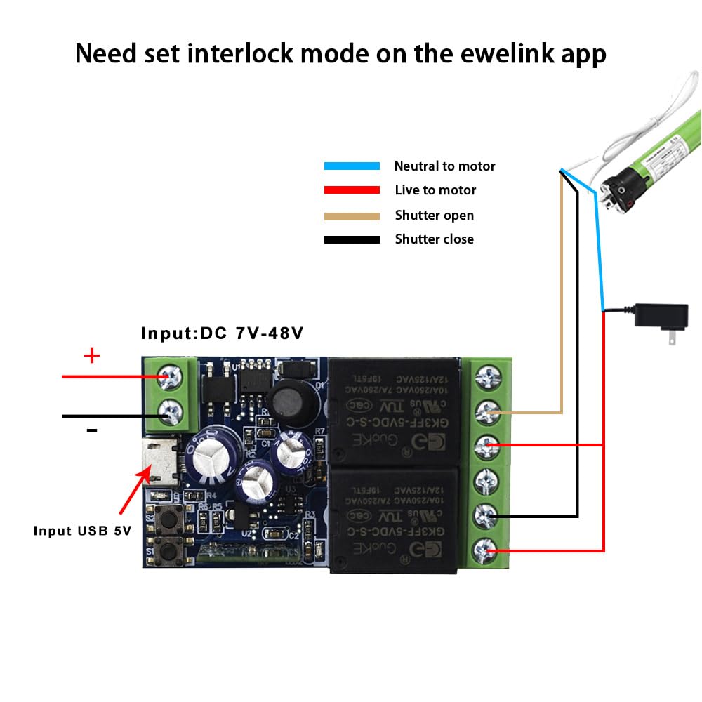 Ewelink WiFi Wireless Smart Relay Module USB DC 5v/12v/24v/48v 2 Channel Switch for Garage Door, Rolling Shutter Door, Electric Curtain
