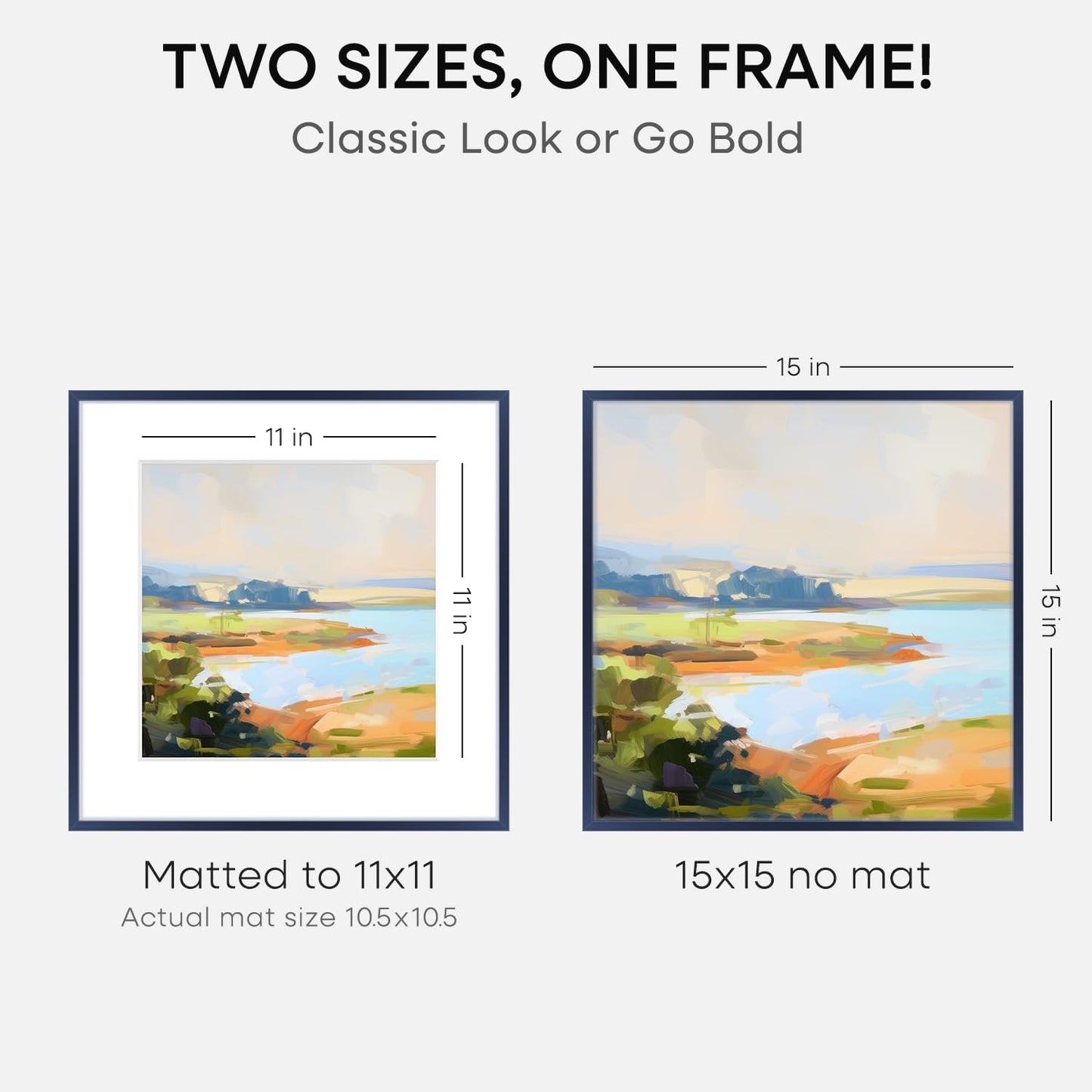 Homeforia 15x15 Picture Frame Navy Blue, High End Metal 15 x 15 Square Poster Frame with Mat 11 x 11 Photo, 15x15 Frame Matted to 11x11 Print, 15by15 Hanging Frames, Tempered Glass, Wall Kit, Set of 1