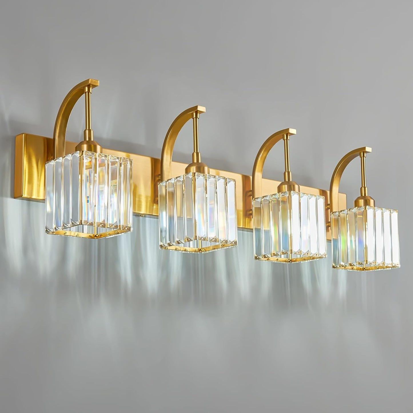 Crystal Vanity Lights 4-Light Gold Bathroom Vanity Lights Modern Crystal Bathroom Light Fixtures Over Mirror 32.67" Long Vanity Light for Bathroom