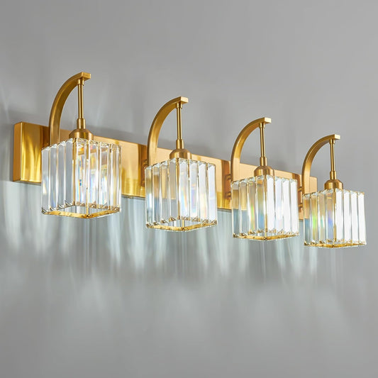 Crystal Vanity Lights 4-Light Gold Bathroom Vanity Lights Modern Crystal Bathroom Light Fixtures Over Mirror 32.67" Long Vanity Light for Bathroom