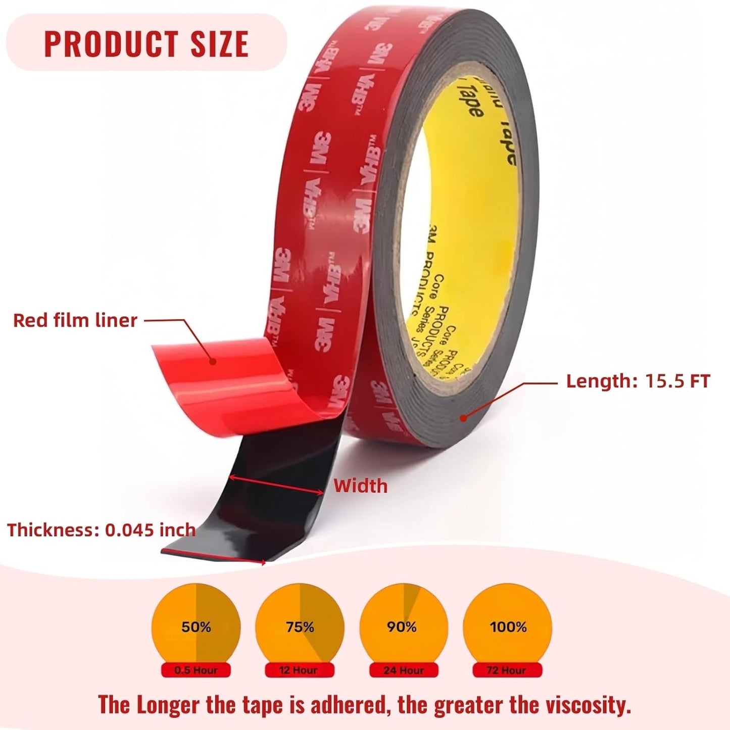 Double Sided Tape Heavy Duty, Adhesive Mounting Tape 1 in x 15.5 ft, Waterproof and Temperature Resistant Adhesive Strip Tape for Indoor, Outdoor, Automotive Trim, Home Decor