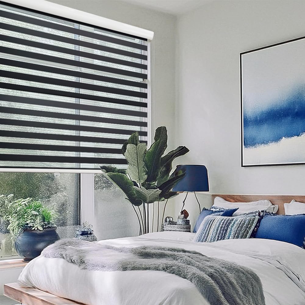 ShadesU Cordless Zebra Blinds – Light Filtering Dual-Layer Window Shades for Privacy (Black Color) (Maximum Height 72") (Width 30")